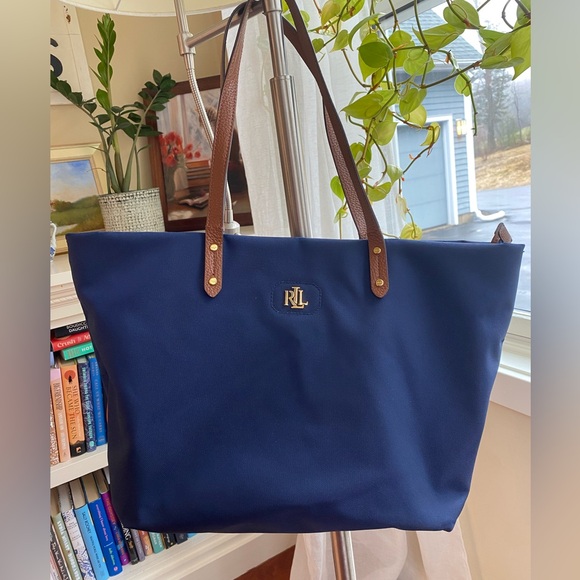 Ralph Lauren Handbags - Ralph Lauren Navy Tote with Brown Leather Straps